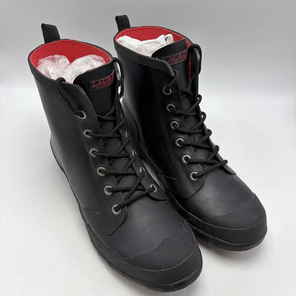 Ralph Lauren Rain Boots Womens 9 Mikenna Bo Rai Black Rubber Lace Up Ankle Read